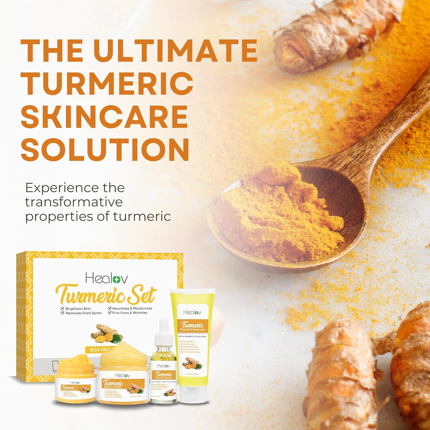 Turmeric Skincare Set – Turmeric Face Cleanser, Body Scrub, Cream & Facial Serum – Skin Brightening Hyperpigmentation Treatment, Dark Spot Corrector – Skincare Kit for a Glowing Complexion